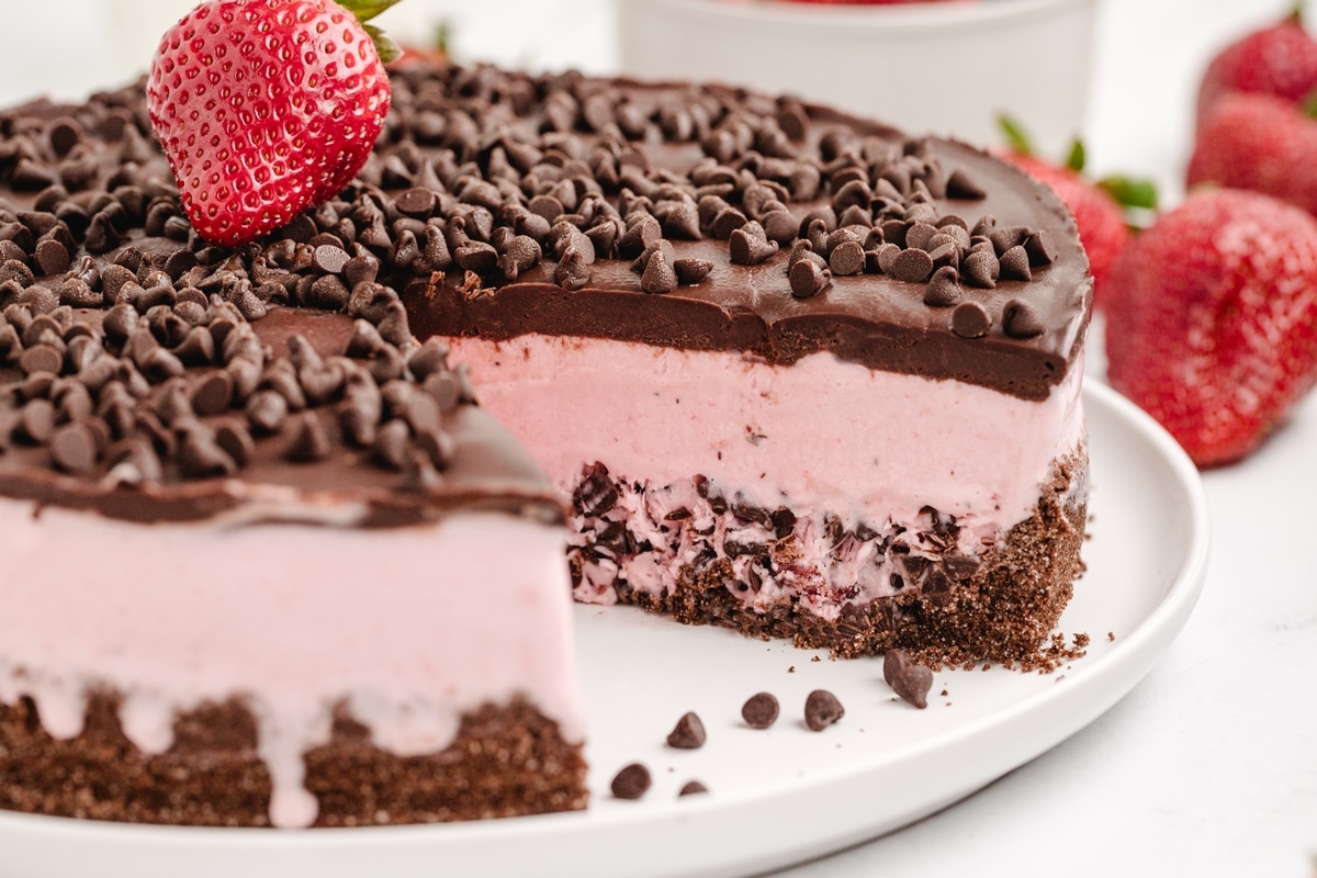 A strawberry chocolate chip ice cream cake with a slice removed, revealing the layers of crust, ice cream, and ganache, with extra chocolate chips sprinkled on top for Noble Pig
