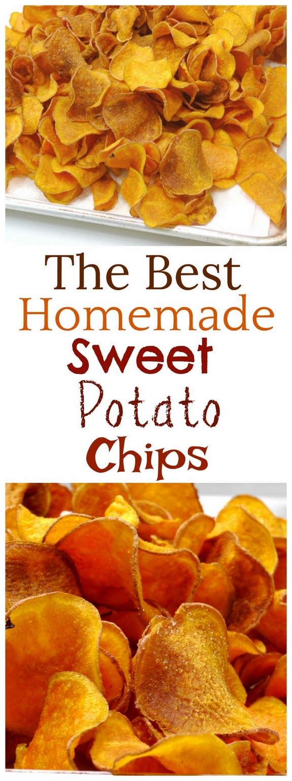 Text overlay that reads The Best Homemade Sweet Potato Chips with two photos of homemade sweet potato chips.