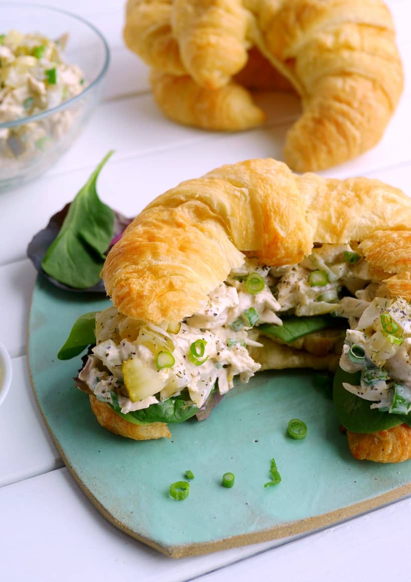 As a dedicated pickle lover, these Dill Pickle Chicken Salad Croissant Sandwiches have become a fast favorite. They are perfect for lunch or a light dinner and keep for several days in the fridge. I promise you are going to love the pop of flavor in every bite. dill pickle chicken
