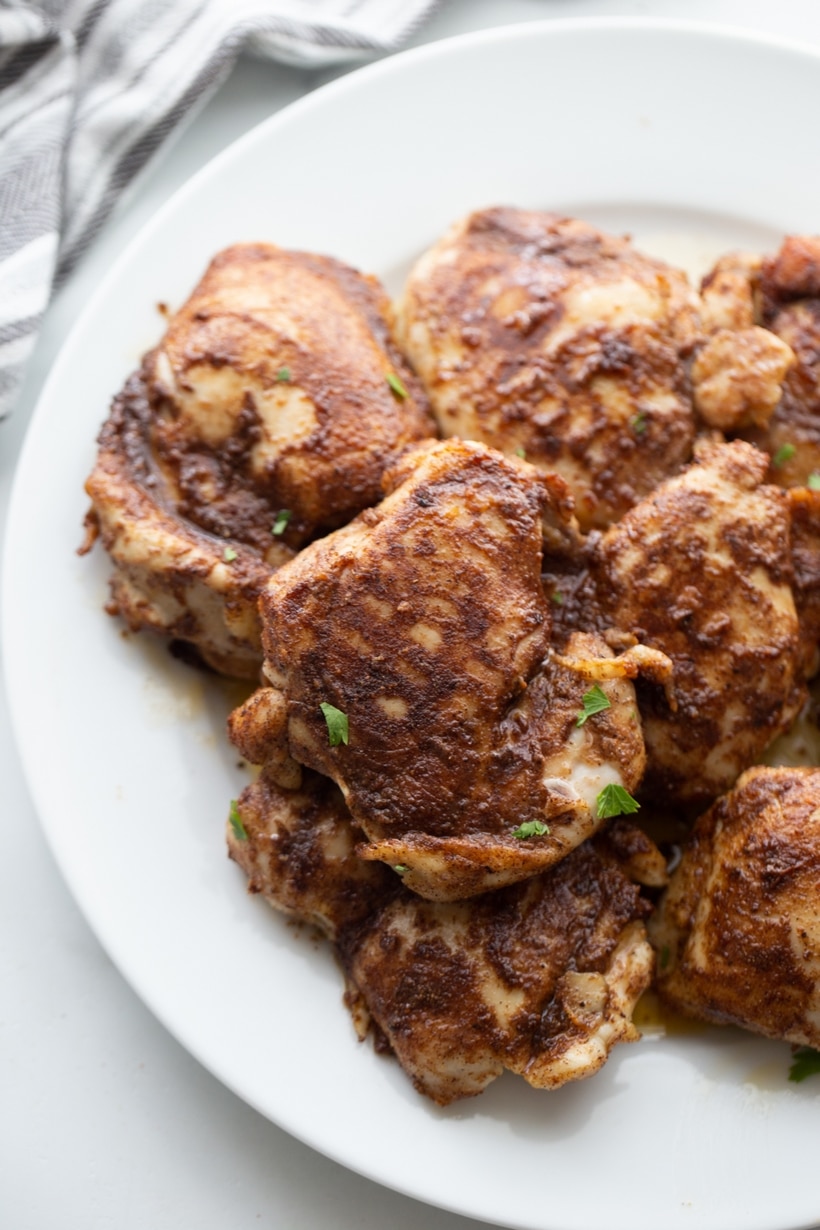 Air Fryer Caribbean Spiced Chicken on a platter Top view of crispy, golden-brown Air Fryer Caribbean Spiced Chicken on a plate, ready to serve.