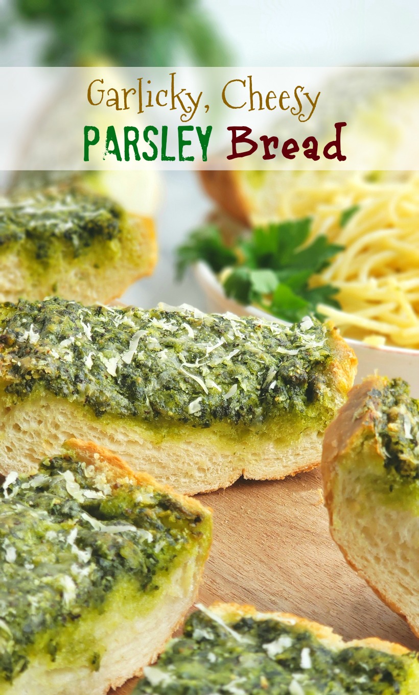 Use up your  leftover parsley with this deliciously, flavorful Garlicky, Cheesy Parsley Bread. It's the perfect side dish for a bowl of pasta. #noblepig #parsley #garlicbread