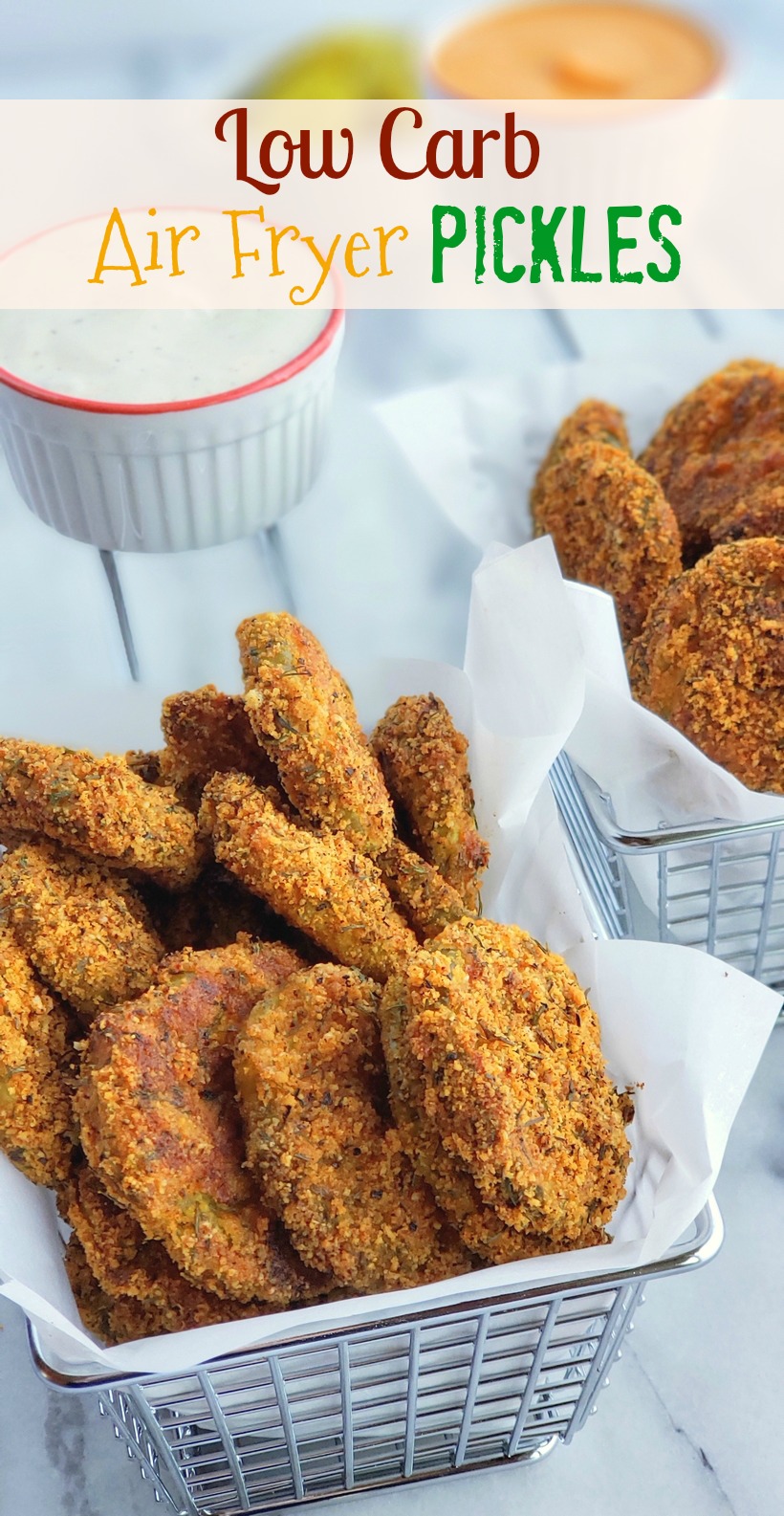 Whip up these Low Carb Air Fryer Pickles in minutes. The perfect guiltless snack for any gathering. #noblepig #lowcarb #keto