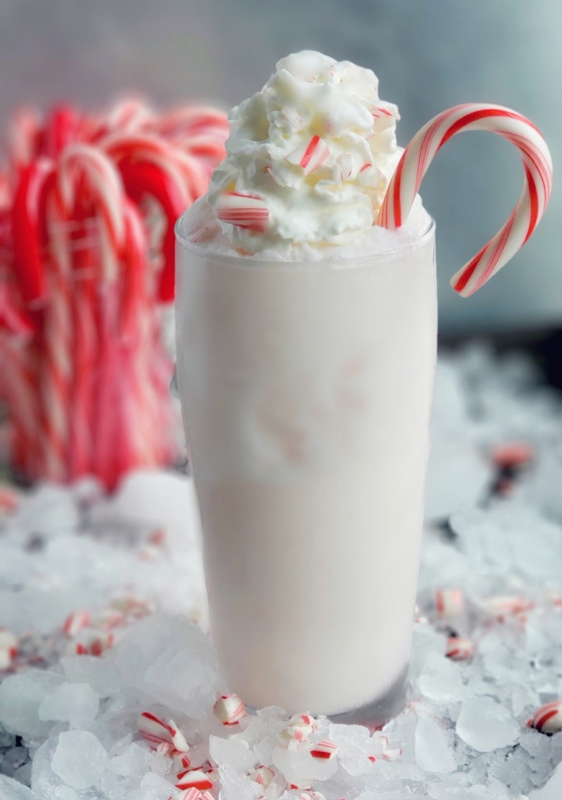 Treat yourself to a Candy Cane Frappe this holiday season or anytime you are craving a delightful peppermint flavored beverage. #noblepig #frappe #candycane