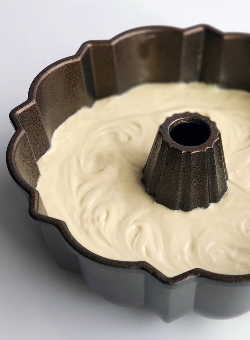 RumChata Bundt Cake cake batter. Cake batter in a Bundt pan.