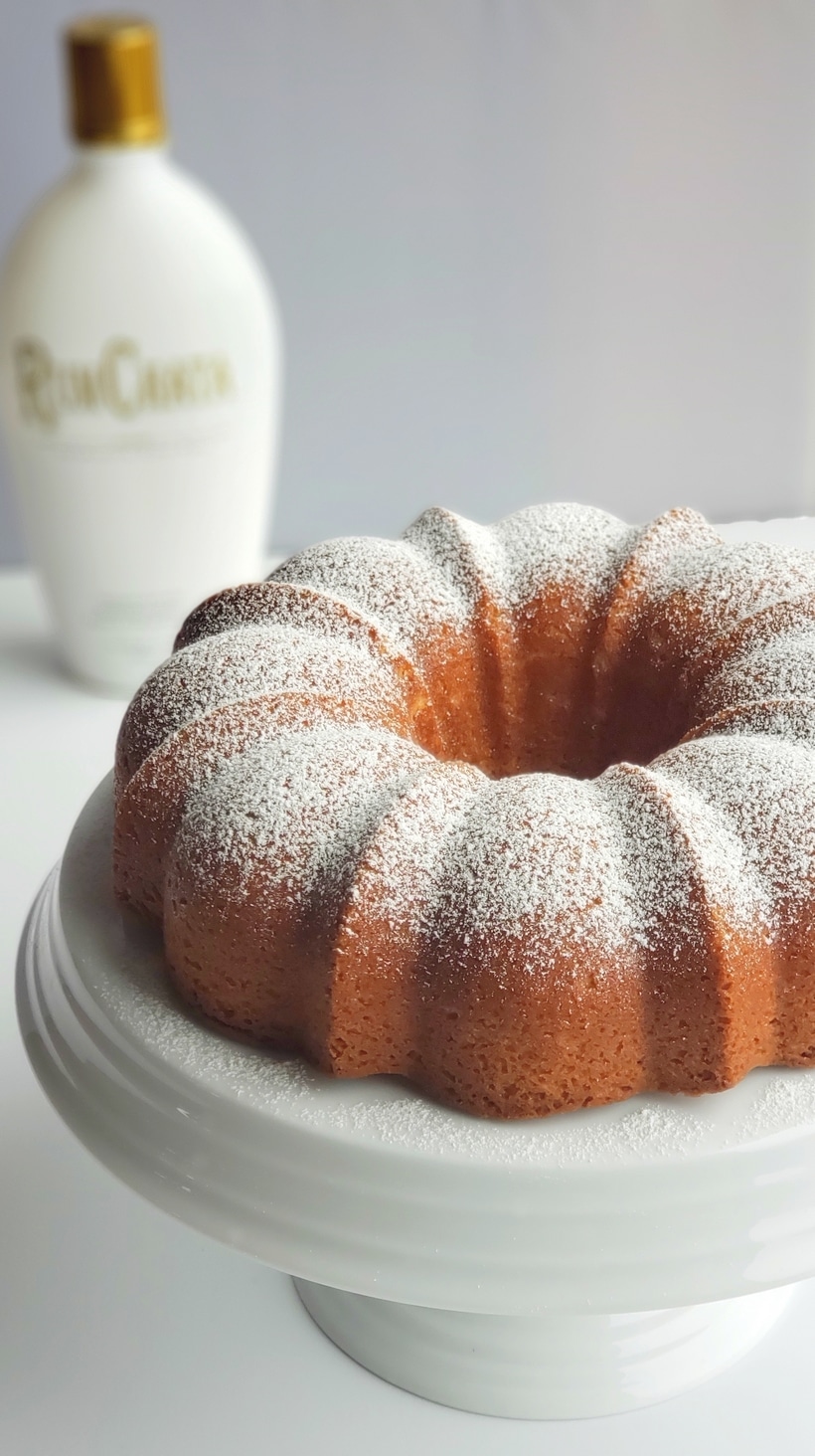 RumChata Bundt Cake highlights all the best flavors of RumChata liqueur. Bundt Cake on a white cake stand with RumChata liqueur in the background.
