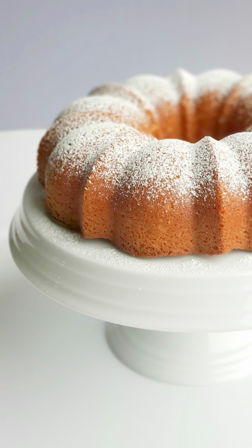 RumChata Bundt Cake highlighted with confectioners' sugar. RumChata Bundt Cake on a white cake stand.
