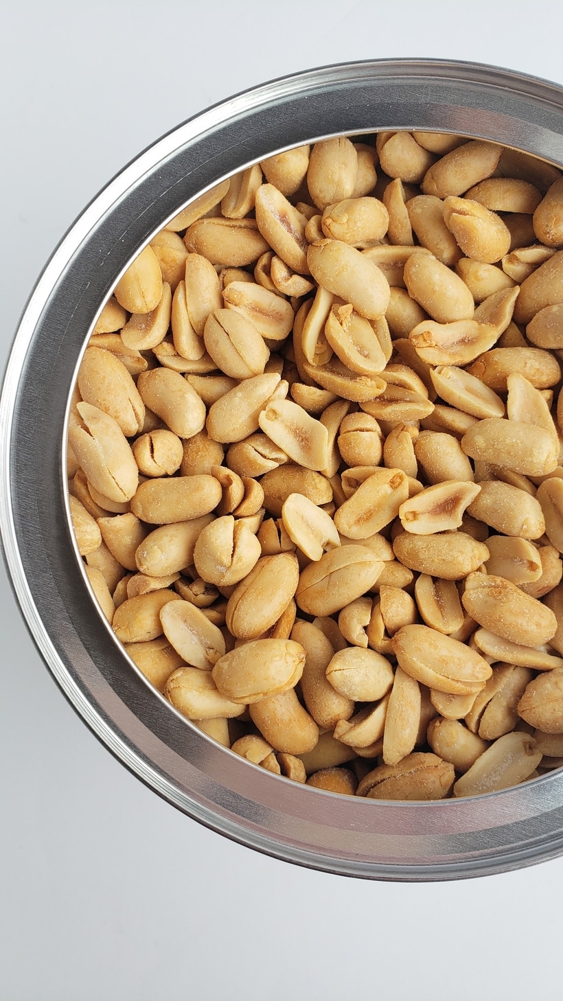 Overhead shot of a can of kirkland peanuts.