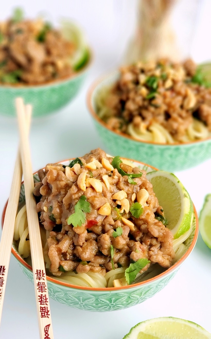 Weeknight Dan Dan Pork, a favorite Chinese take out dish, made simpler with easy to find ingredients and served over readily available spaghetti noodles. Almost guaranteed the whole family will ask for a repeat performance of this dish on the regular. Weeknight Dan Dan Pork,