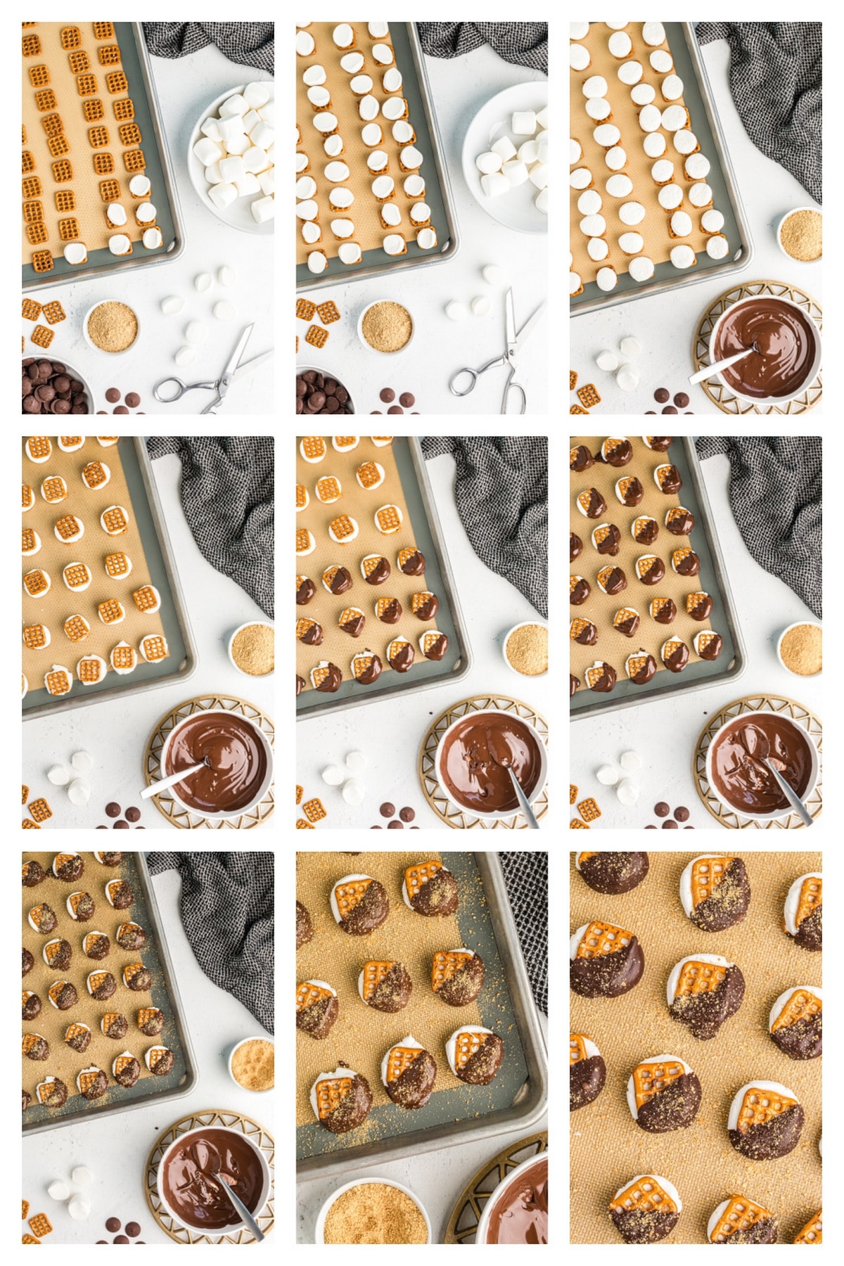 how to make s’mores pretzel bites step-by-step with pretzels, marshmallows, and chocolate Step-by-step process for making oven-baked s’mores pretzel bites with marshmallows, melted chocolate, and graham cracker topping