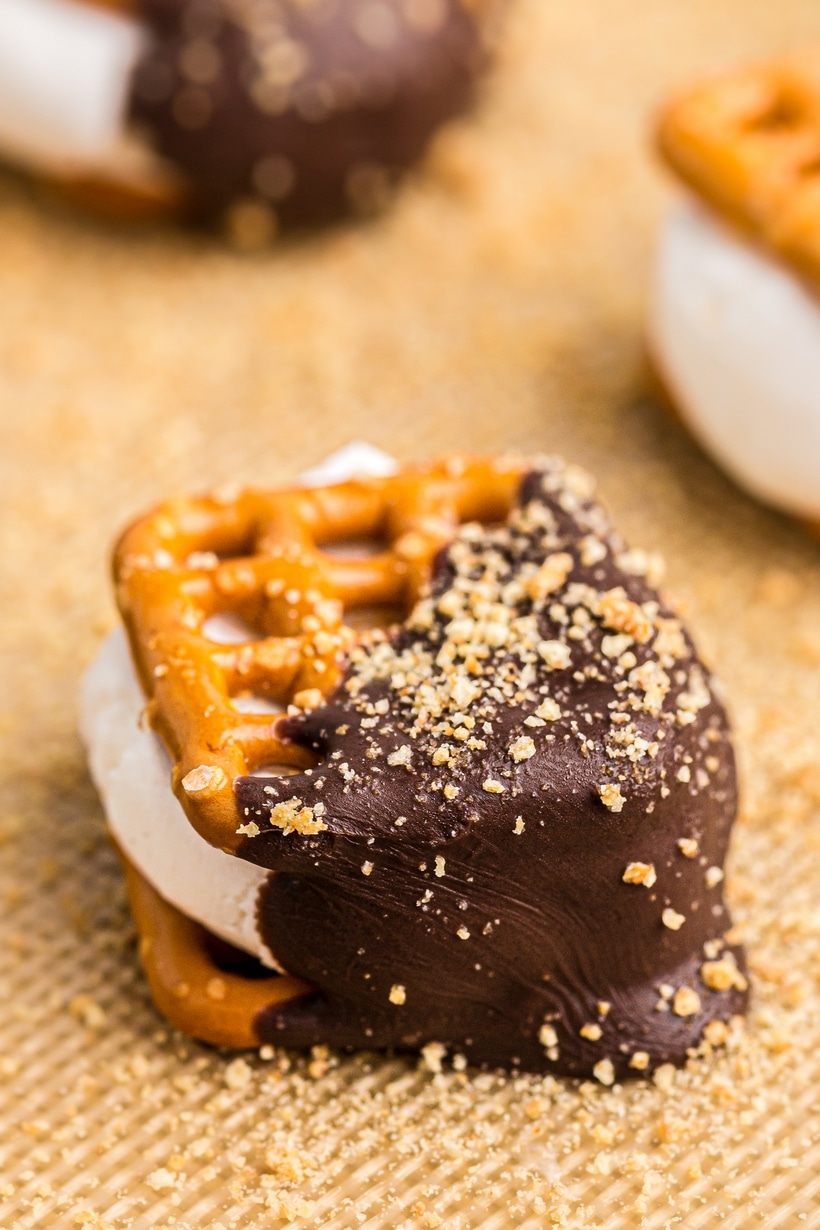 chocolate-dipped pretzel s’more with graham cracker crumb topping Close-up of a s’mores pretzel with melted chocolate and graham cracker crumbs