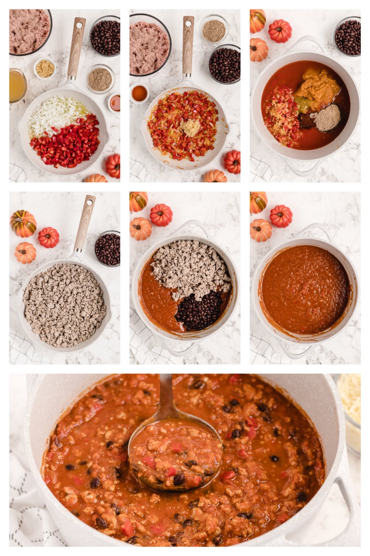 Step-by-step images showing how to make pumpkin chili with ground turkey, from sautéing vegetables to simmering the pot.
