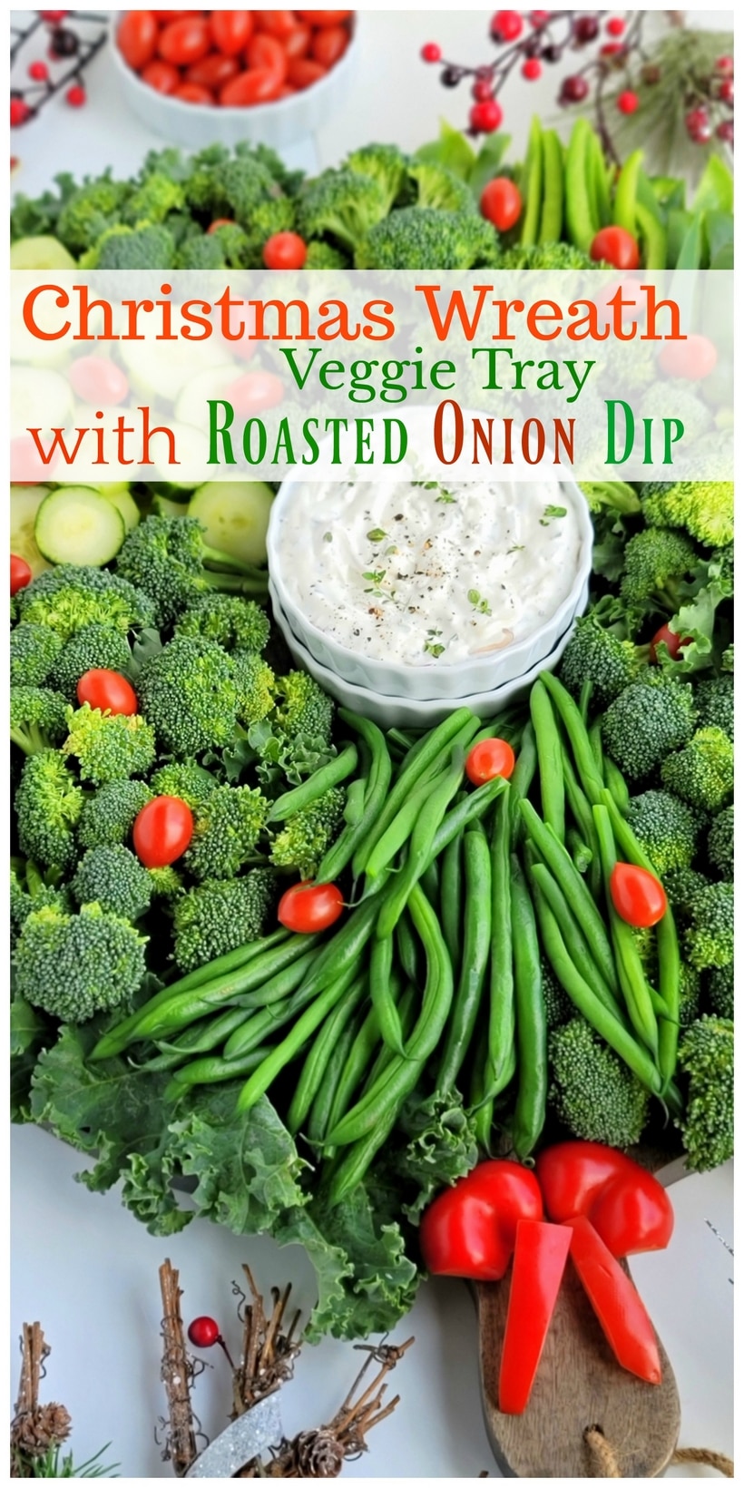 A simple Christmas Wreath Vegetable tray made from your favorite veggies and served with a tasty, addictive onion dip! fun holiday veggie tray