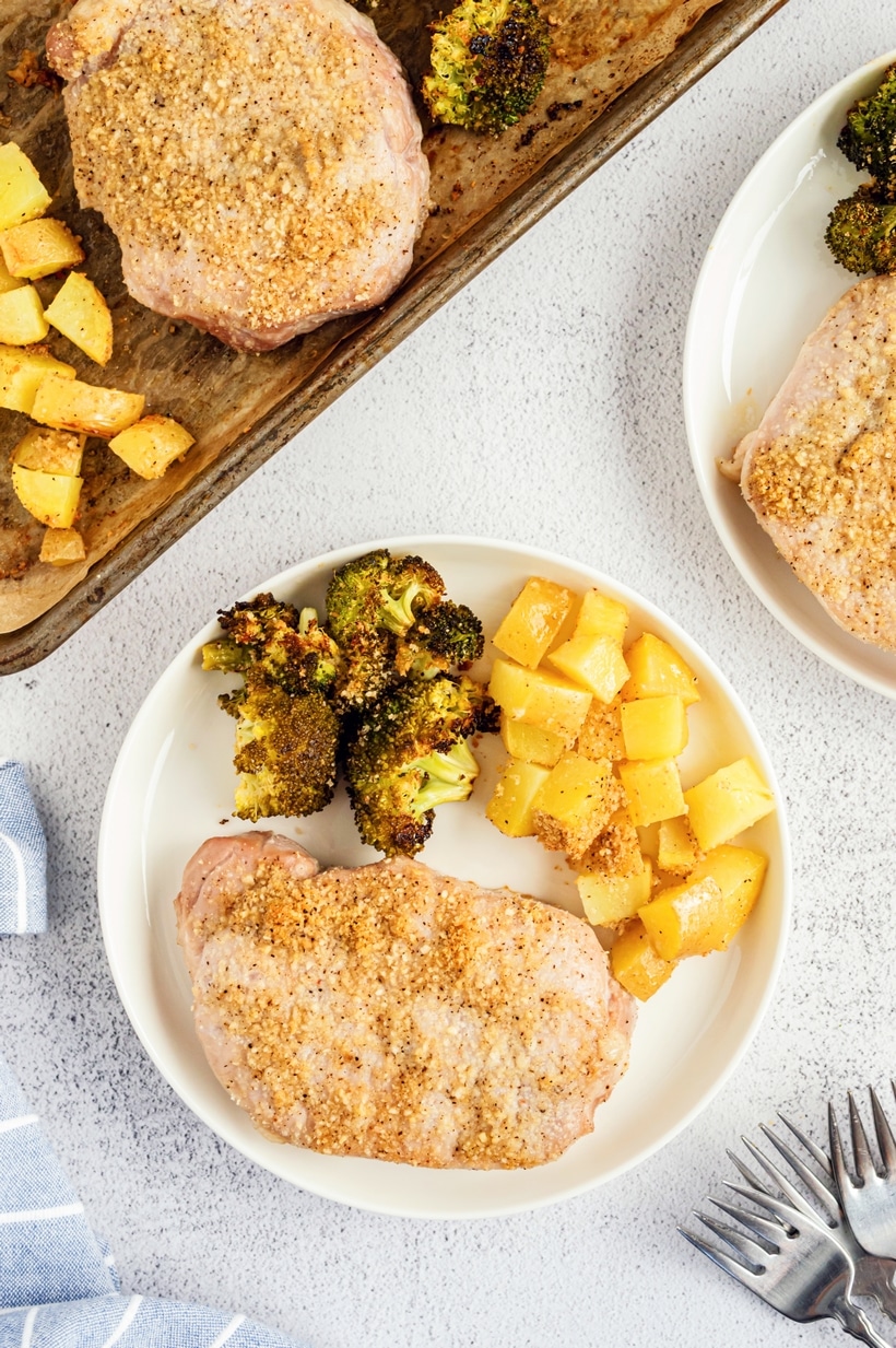 pork chop recipes served with crispy potatoes and roasted broccoli easy weeknight dinner with pork