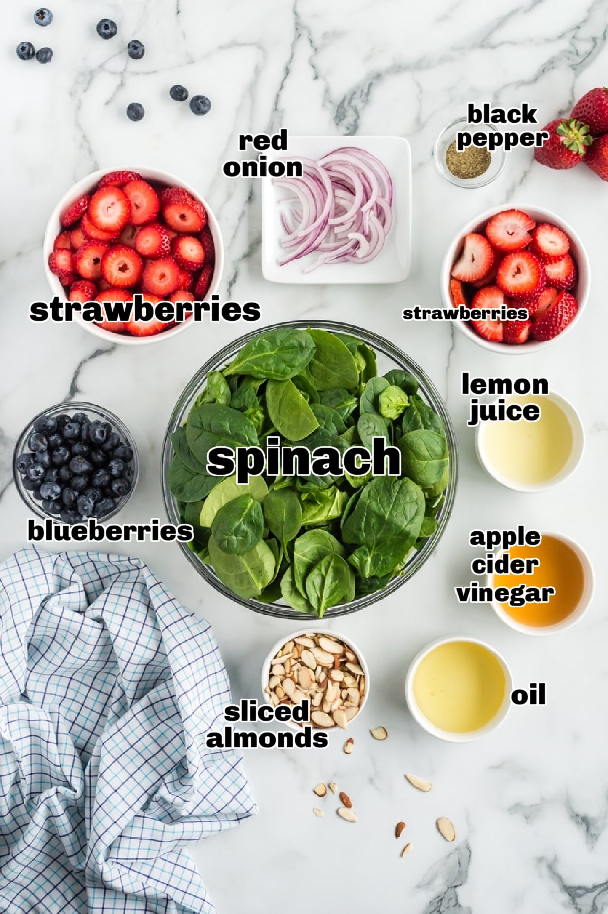 Strawberry Spinach Salad with Strawberry Vinaigrette ingredients Ingredients laid out for Strawberry Spinach Salad with Strawberry Vinaigrette, including fresh strawberries, spinach, almonds, red onion, and dressing ingredients.
