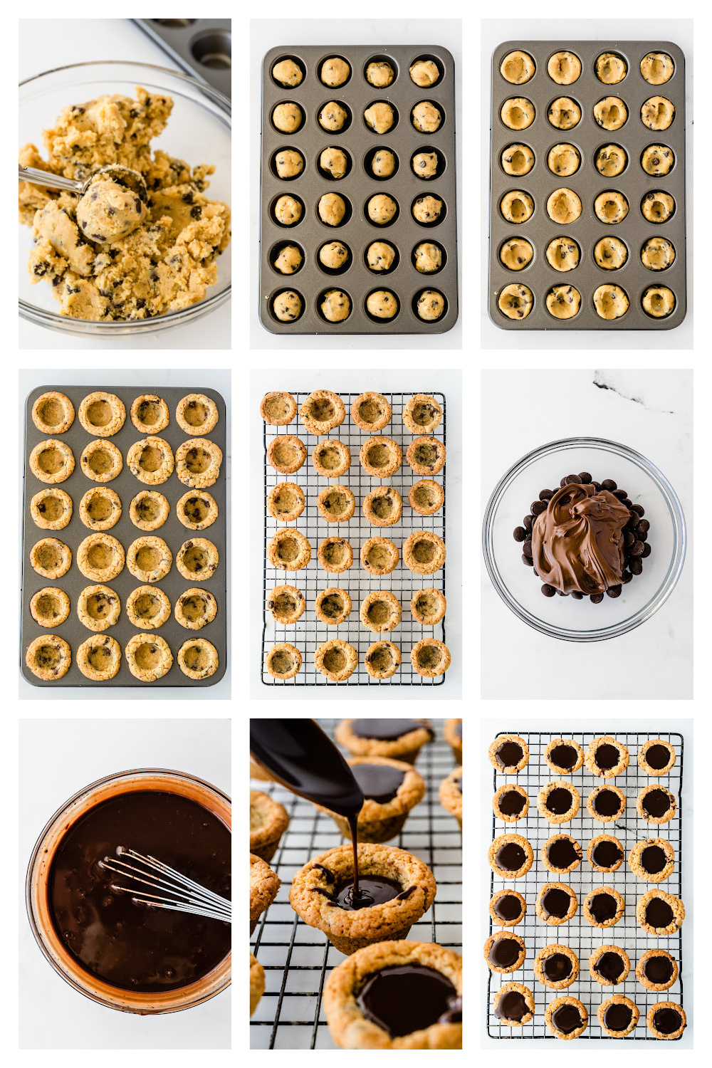Step-by-step process showing mini muffin tin cookie cups being shaped, baked, and filled with Nutella chocolate filling How to make cookie cups with Nutella filling, from shaping the dough to filling the baked cups