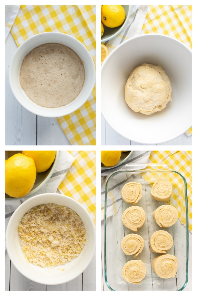 A step-by-step collage showing the process of making lemon buns, from mixing the dough to rolling, slicing, and baking.