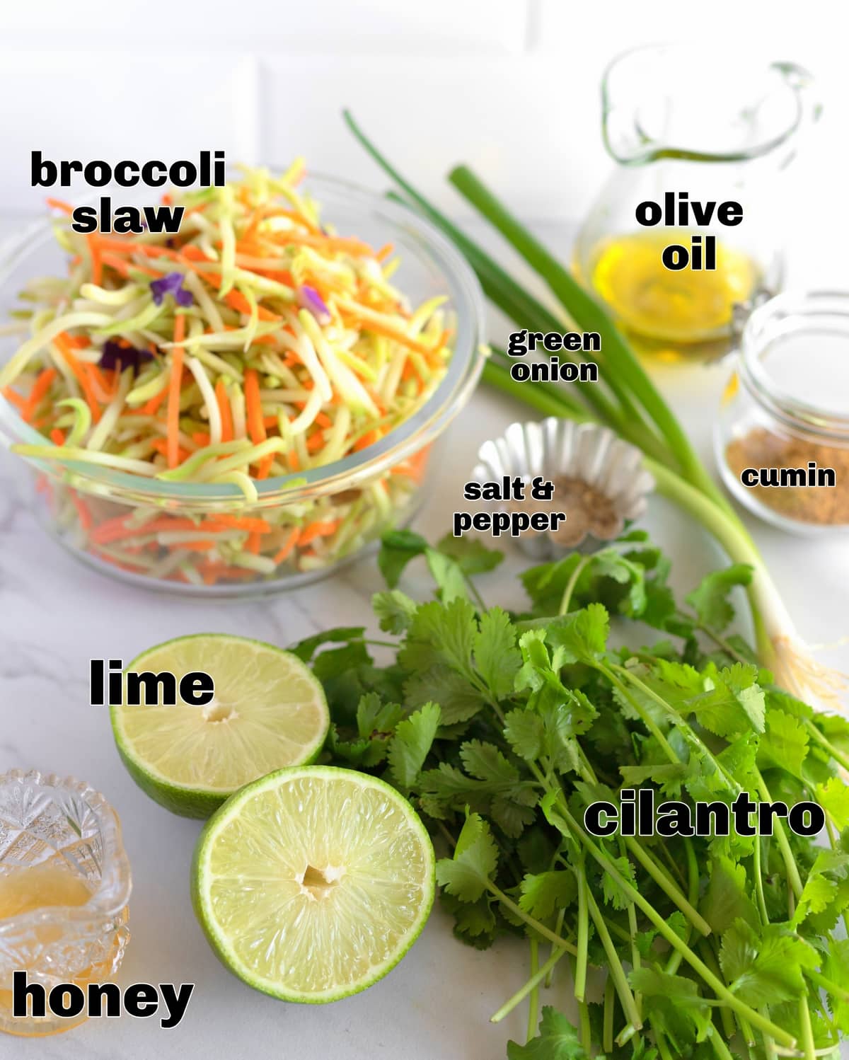 ingredients like broccoli slaw, cilantro and honey