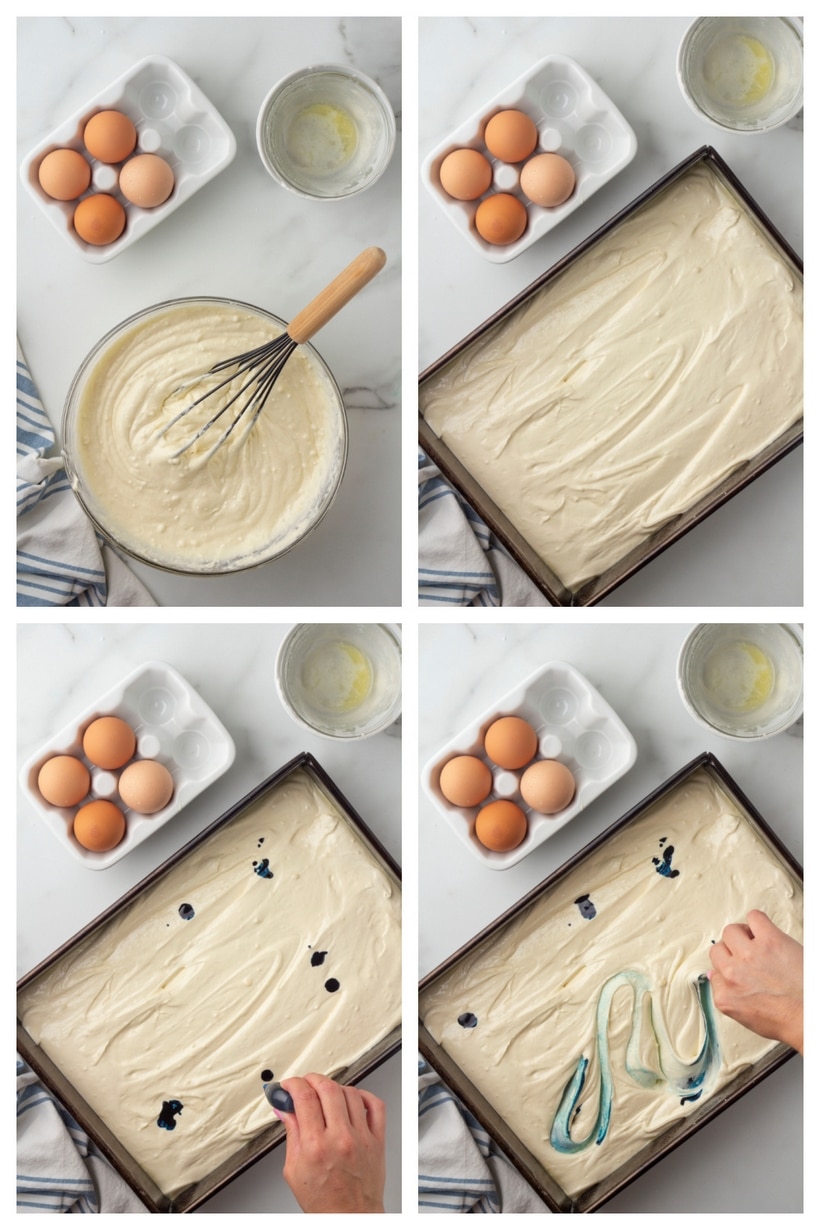 Step-by-step collage showing cake batter in pan and swirling red and blue food coloring into vanilla batter.