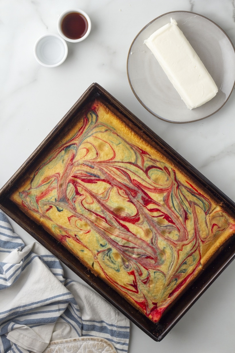 Fully baked cake in pan with visible red and blue swirl pattern, ready to frost.