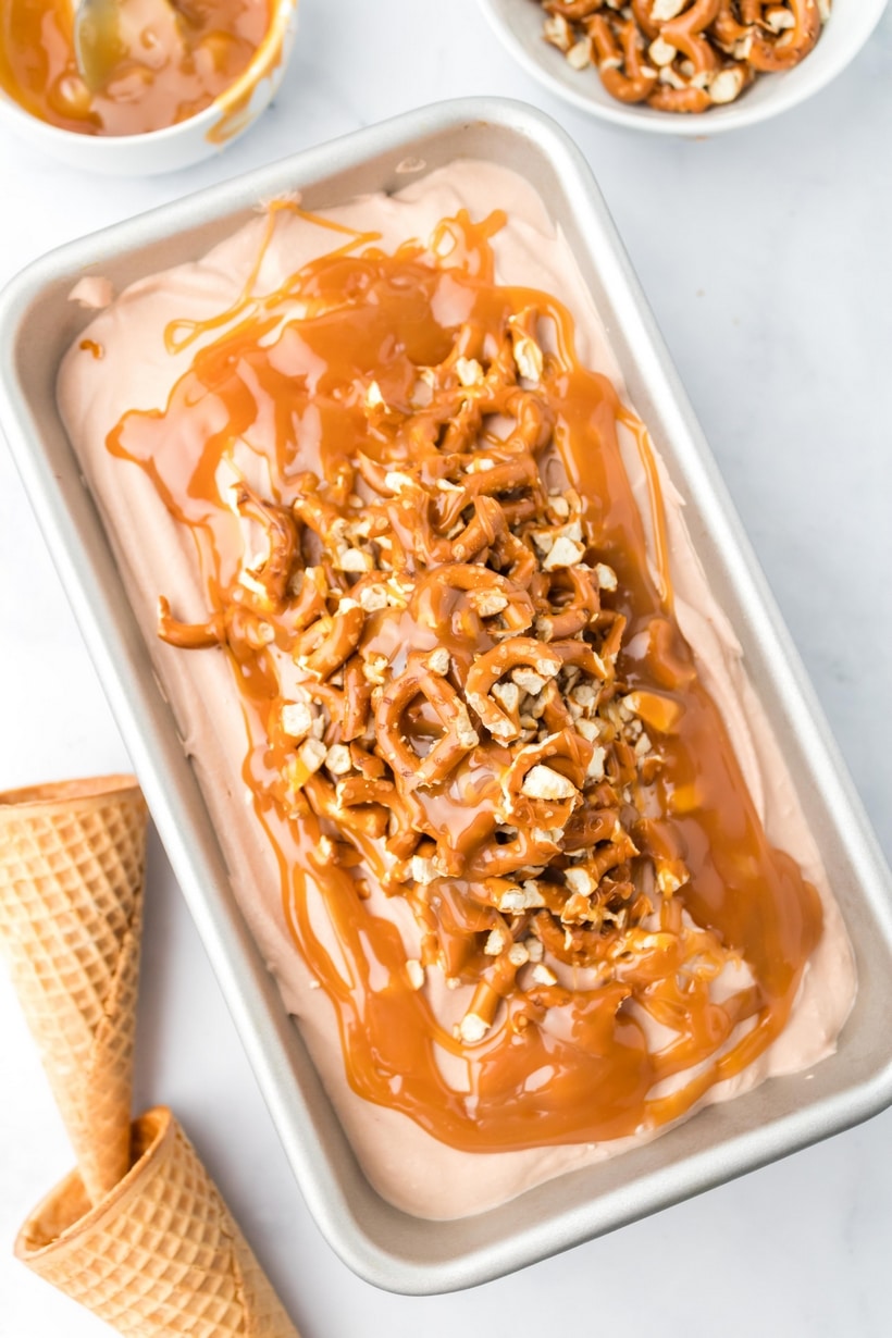 No special equipment is necessary to make this no churn, ultra-creamy, chocolate pretzel ice cream. pretzels in ice cream