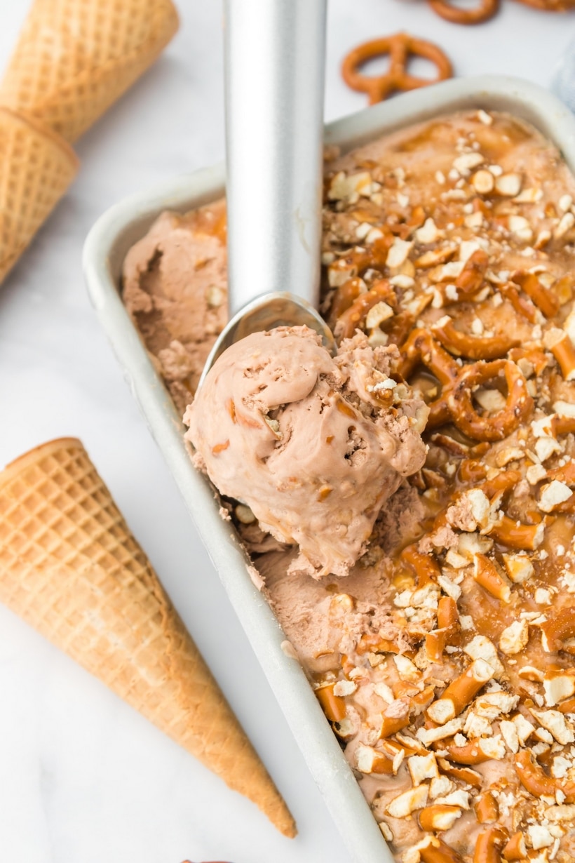 No special equipment is necessary to make this no churn, ultra-creamy, chocolate pretzel ice cream. chocolate ice cream