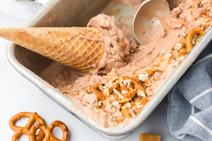 No special equipment is necessary to make this no churn, ultra-creamy, chocolate pretzel ice cream. caramel ice cream with chocolate