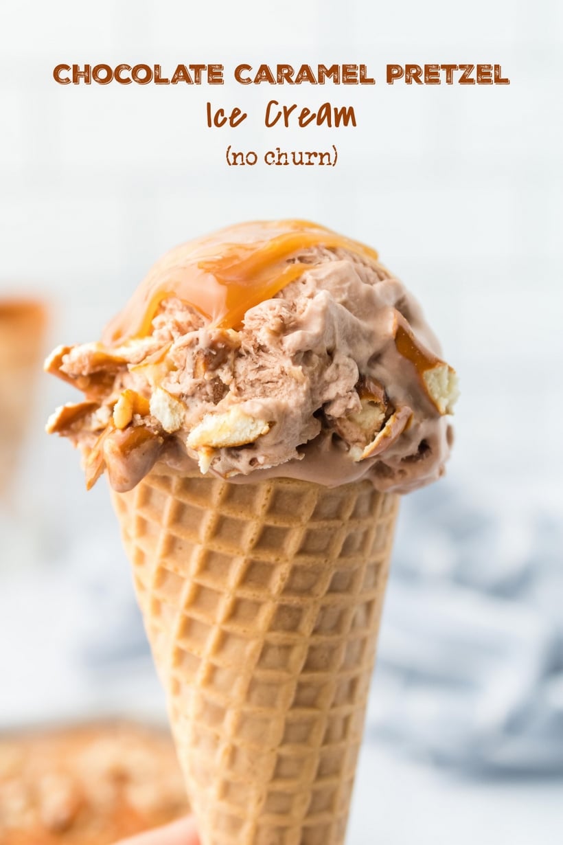 No special equipment is necessary to make this no churn, ultra-creamy, chocolate pretzel ice cream. ice cream cone
