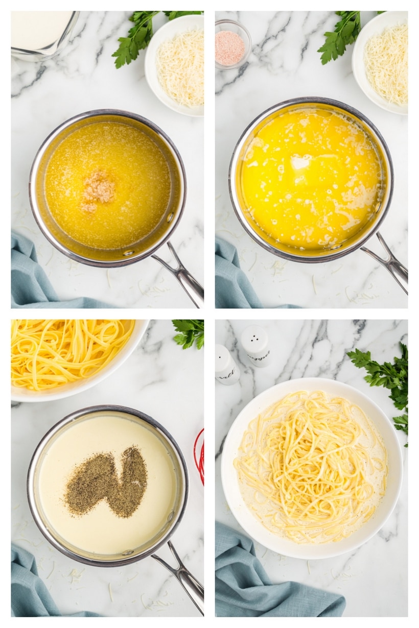 Step-by-step guide to making fettuccine alfredo. Collage showing the steps to make fettuccine alfredo: cooking pasta, preparing the sauce, and combining them.