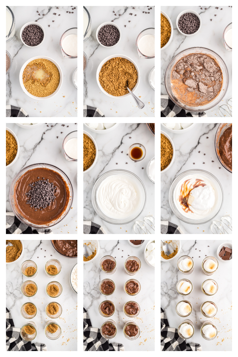 How to make s’mores parfaits with pudding, graham crumbs, and marshmallow cream Step-by-step process of assembling no-bake s’mores pudding parfaits with visual ingredient and layering guide