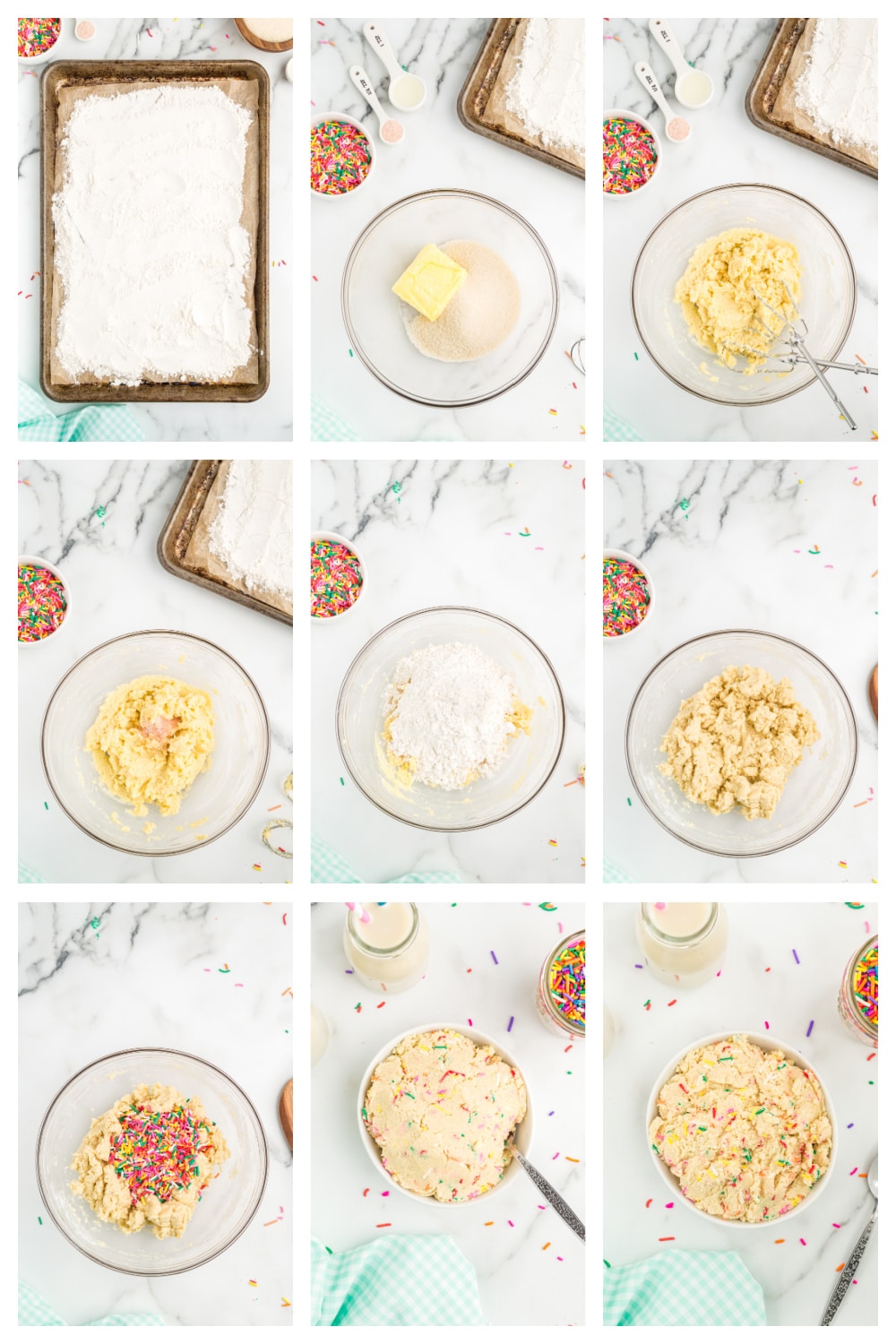How to make Edible Sugar Cookie Dough A collage showing the process of making cookie dough, from heat-treating the flour to mixing the ingredients and adding sprinkles.