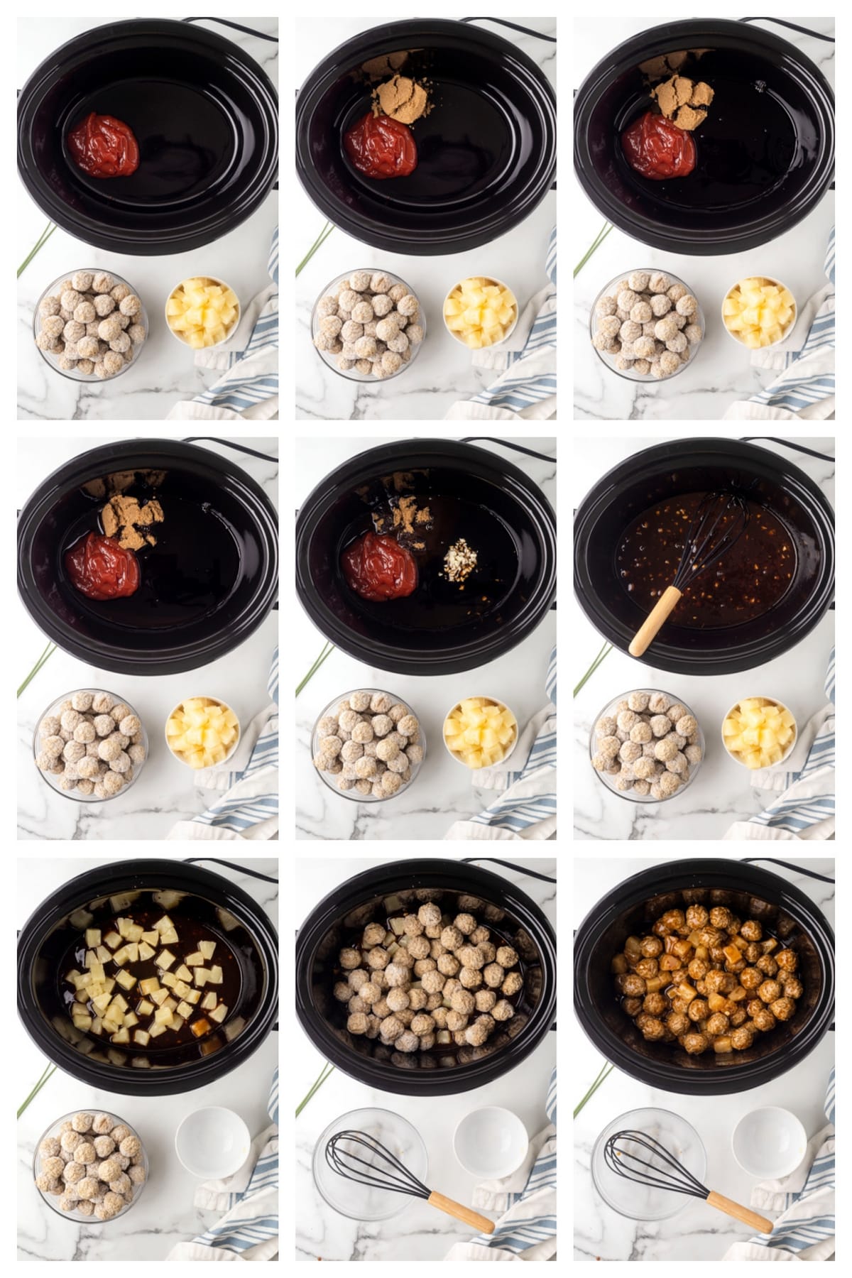 A quick visual guide to making sweet and tangy Hawaiian meatballs in your slow cooker. Step-by-step process for making Slow Cooker Hawaiian Meatballs, from mixing the sauce to the final dish.