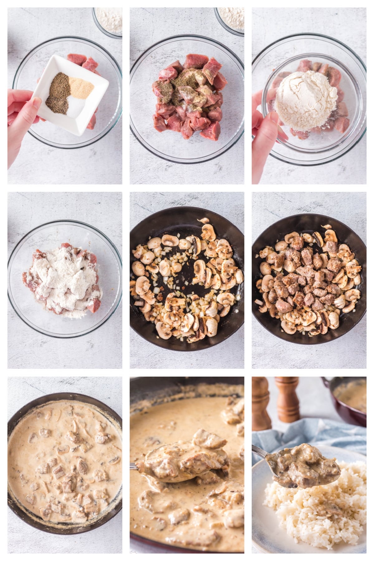 Step-by-step process of making beef stroganoff, from dredging beef to simmering in sauce