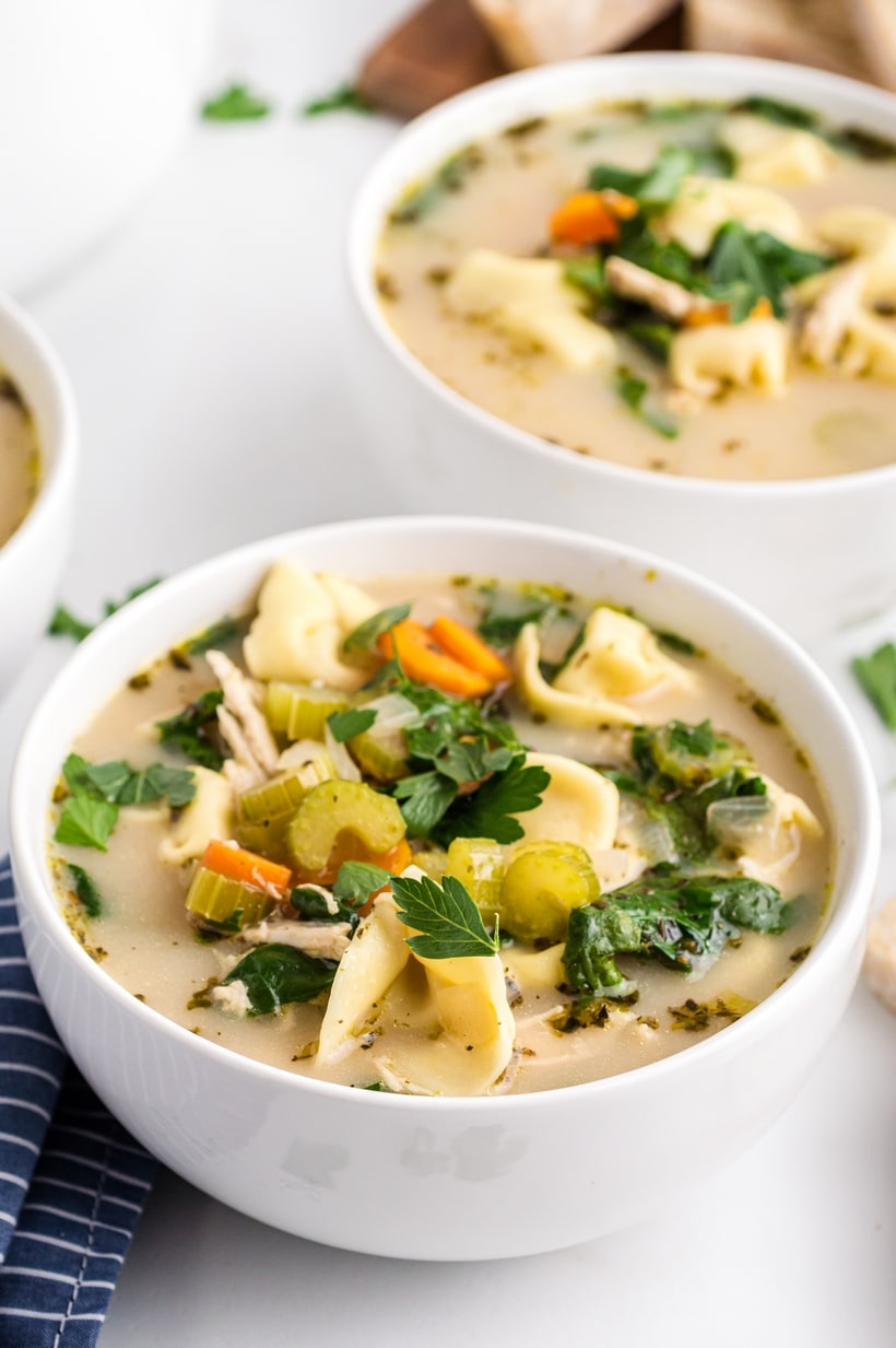 A deliciously creamy weeknight soup made in thirty minutes and loaded with chicken, cheesy tortellini and all your favorite soup season vegetables. chicken tortellini soup