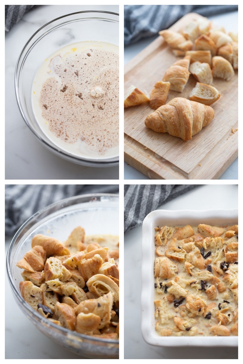 How to make Chocolate Croissant Bread Pudding A collage of step-by-step images showing the process of making chocolate croissant bread pudding, from mixing the custard to baking.