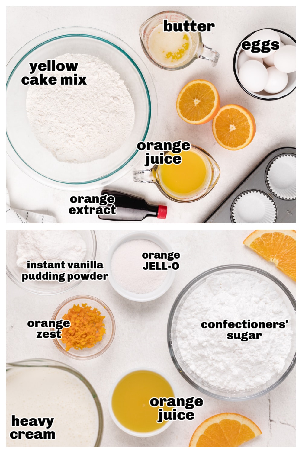 Orange Cupcakes with Whipped Orange Frosting ingredients A flat lay of ingredients including cake mix, orange juice, eggs, butter, heavy cream, and orange zest.