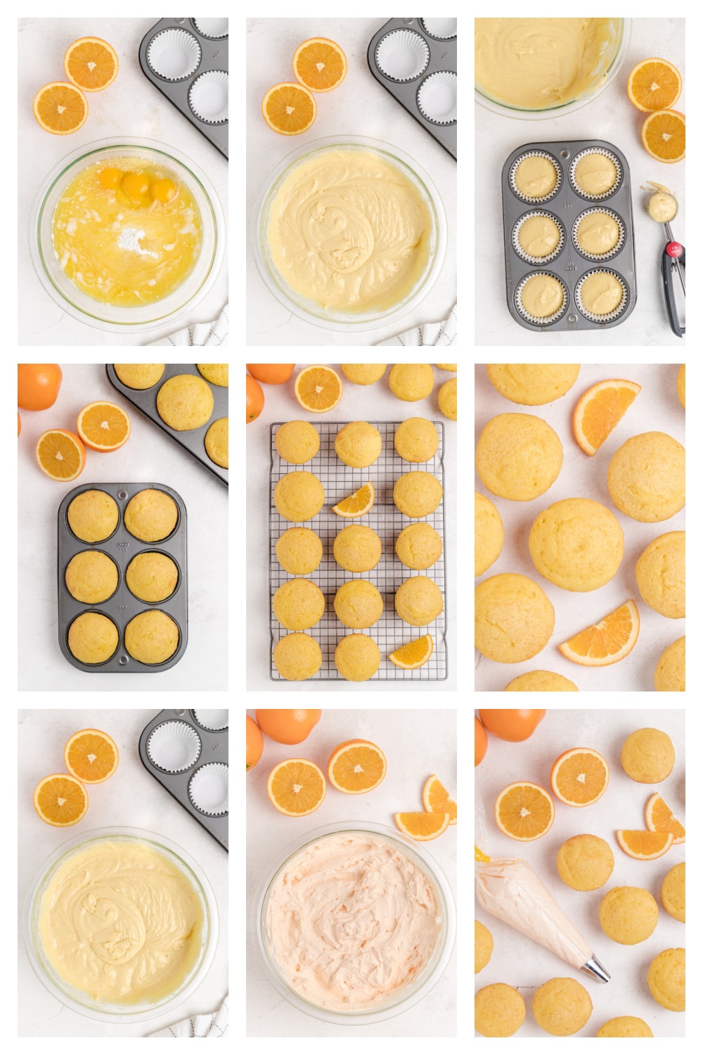 How to Make Orange Cupcakes with Whipped Orange Frosting A collage showing the process of making the cupcakes, from mixing the batter to piping on the whipped orange frosting.