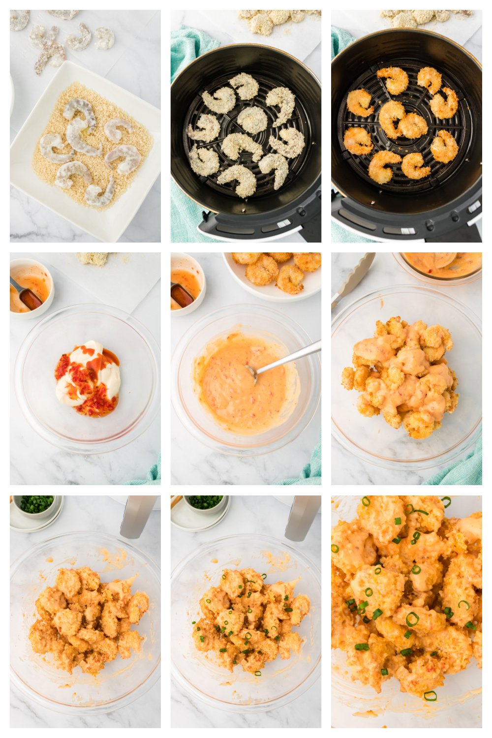 step-by-step bang bang shrimp air fryer process collage How to make air fryer bang bang shrimp from coating to sauce