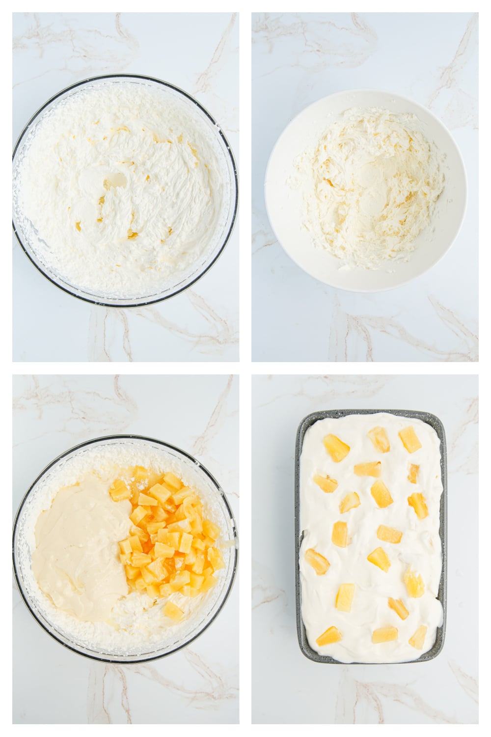 Step-by-step process of making no-churn pineapple ice cream with cream cheese and pineapple