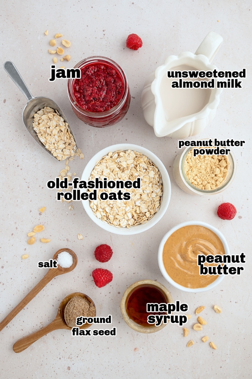 Ingredients including oats, almond milk, and peanut butter powder.