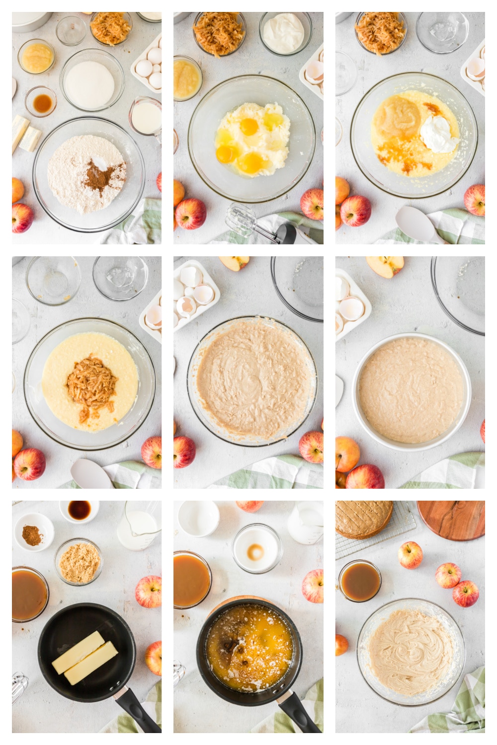 Caramel Apple Layer Cake Preparation Steps Step-by-step collage of making caramel apple layer cake: mixing dry ingredients, creaming butter and sugar, adding wet ingredients, folding in apples, baking layers, preparing frosting, assembling cake, and serving.