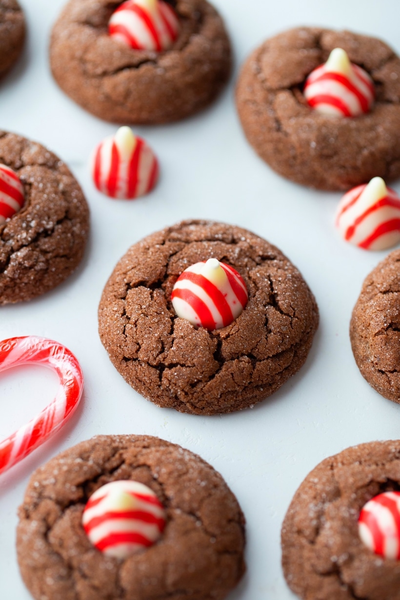 Close-up of a dark chocolate peppermint crackle cookie Close-up of a Dark Chocolate Peppermint Crackle Cookie showing its crackled texture.