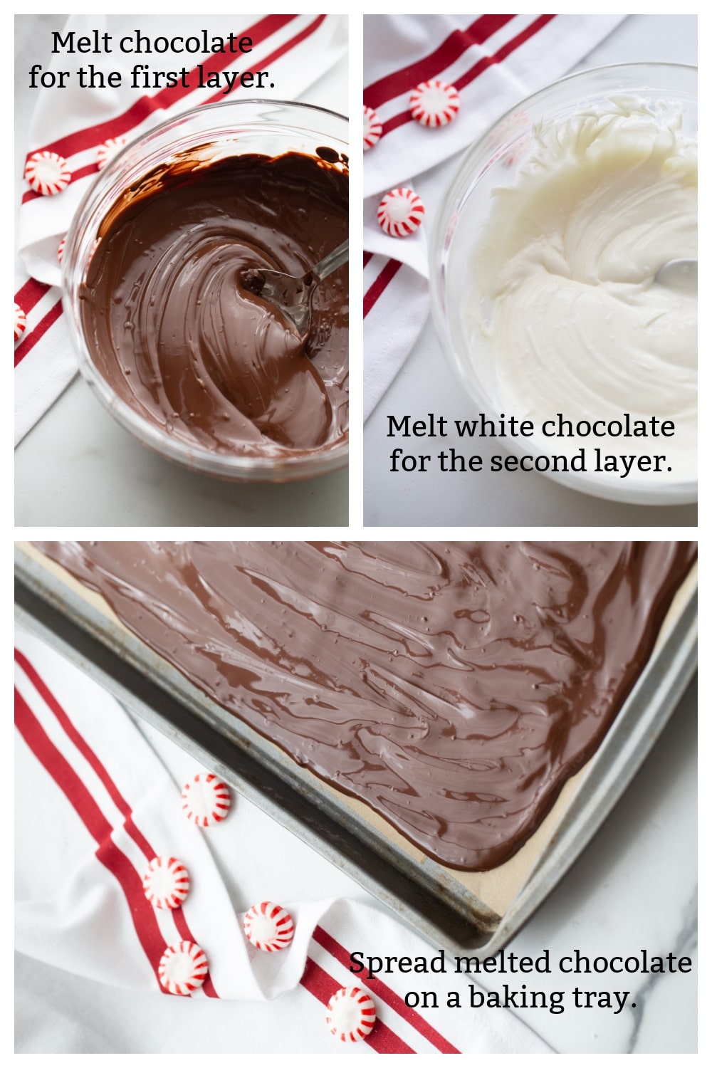 Step-by-step process of making double chocolate peppermint bark, including melting chocolate, layering, and adding crushed peppermint candies.