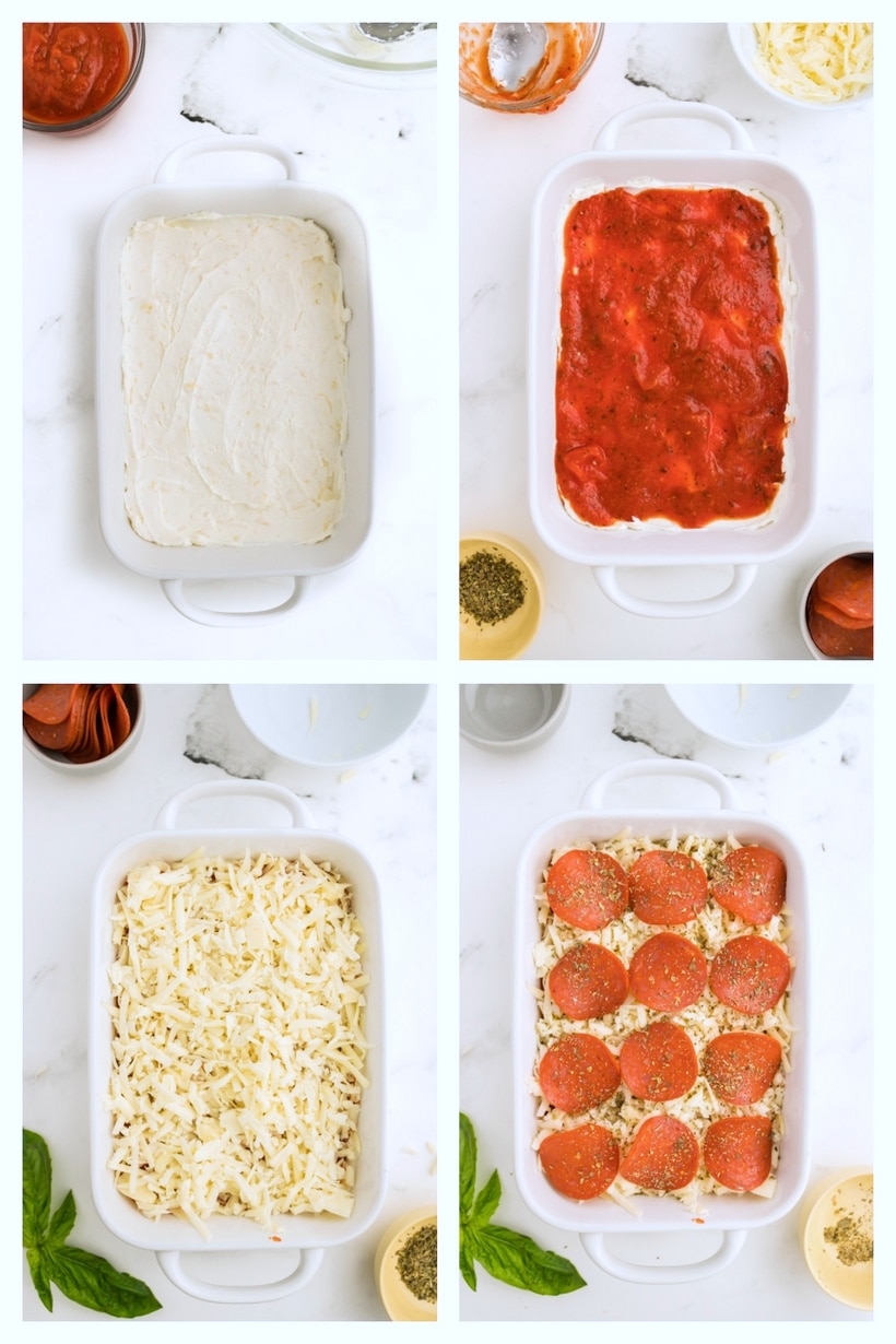 Gooey Pizza Dip being made in four steps. step by step process on making pizza dip