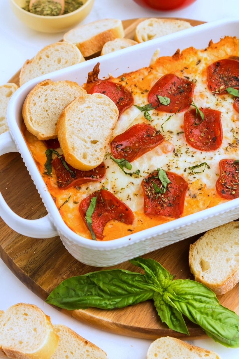 Gooey Pizza Dip overhead. overhead view of dip with pepperoni slices