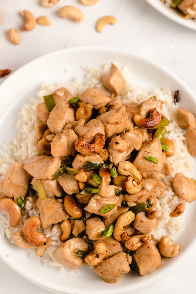 Kung Pao Chicken with tender chunks of chicken and cashews. chicken kung pao an overhead view