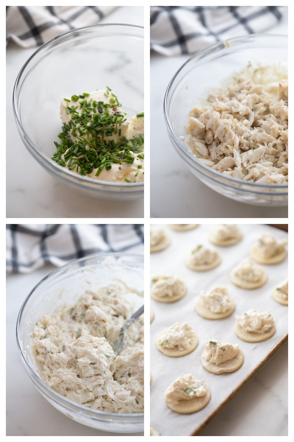 Step-by-step process of making crab and chive puffs, from mixing the filling to assembling and baking.