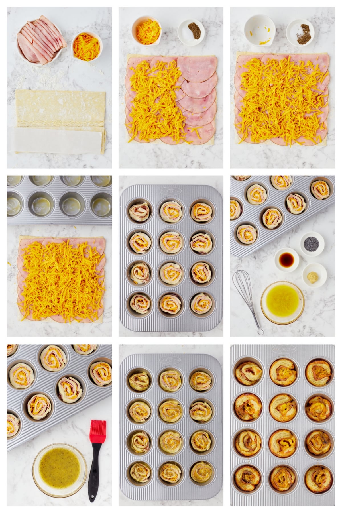 Step-by-step collage of making ham and cheese pinwheels: rolling pastry, adding ham, and placing in muffin tin.