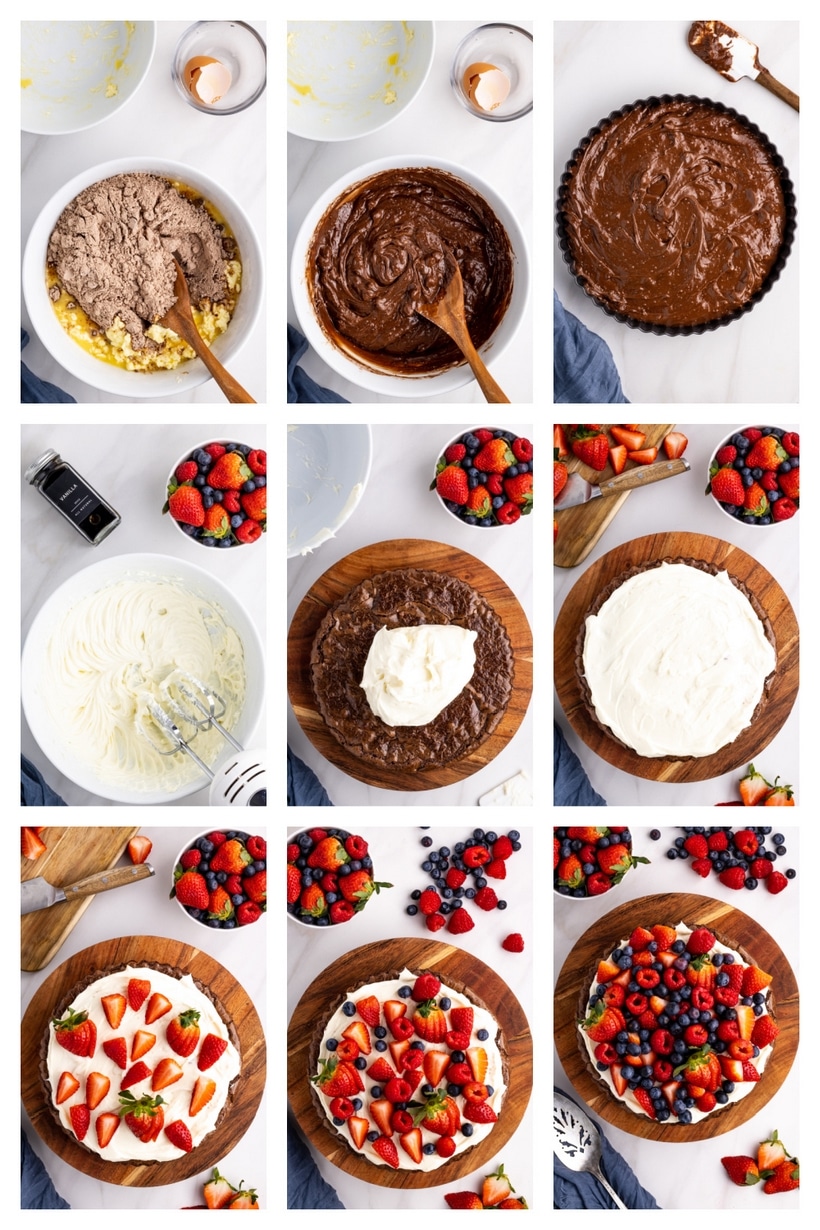 how to make brownie dessert pizza with fruit and cream cheese frosting Step-by-step photos showing how to make brownie fruit pizza with boxed mix, cream cheese frosting, and fresh fruit.
