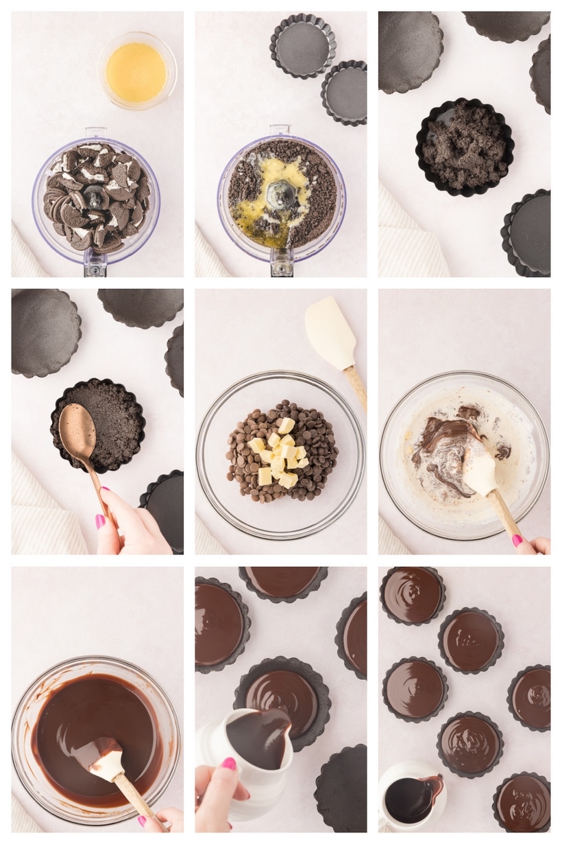 how to make Mini Chocolate Ganache Tarts Step-by-step collage showing how to make mini chocolate ganache tarts, from crushing cookies to filling tart shells with ganache.