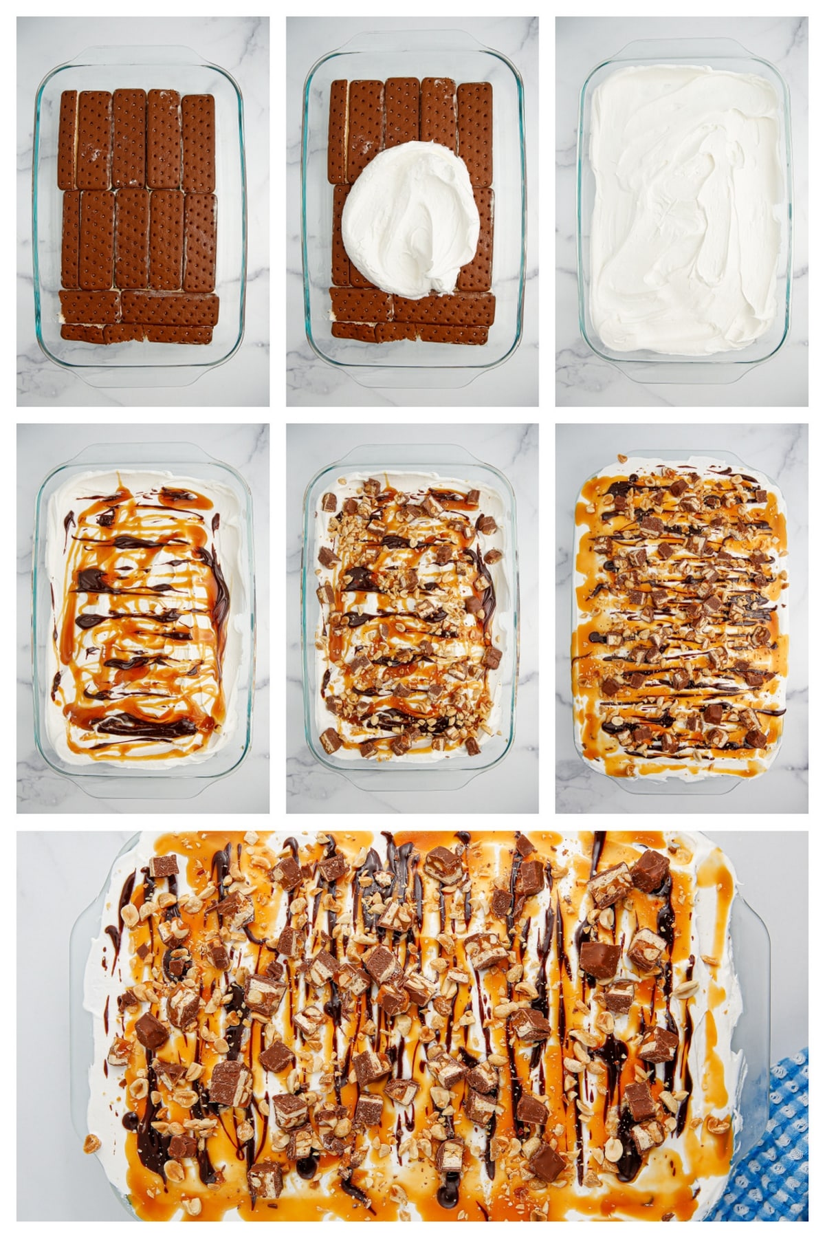 Step-by-step photos showing how to assemble a snickers ice cream sandwich cake in a 9x13 pan